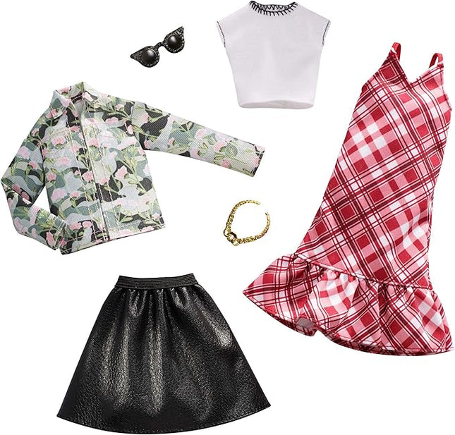 Barbie Clothes - 2 Outfits Doll Include Floral Denim Jacket and Leathery Black Skirt, Gift for 3 to 8 Year Olds