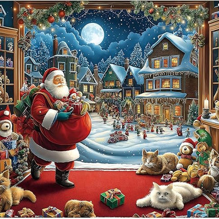 Blueforest Christmas 1000 Piece Jigsaw Puzzle for Adults - 27.5x19.7 Inches Large Holiday Scene with Santa, Toys & Snowy Village, Challenging Art Puzzle Home Decor