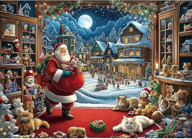 Blueforest Christmas 1000 Piece Jigsaw Puzzle for Adults - 27.5x19.7 Inches Large Holiday Scene with Santa, Toys & Snowy Village, Challenging Art Puzzle Home Decor