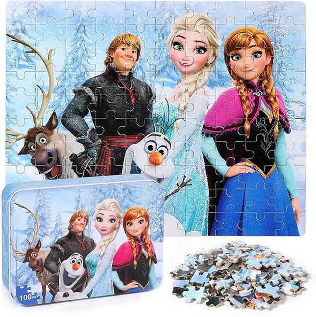 LELEMON Snowmen 100 Piece Puzzle in a Metal Box, Educational Jigsaw Puzzle for Ages 4-8