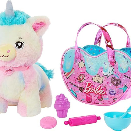Barbie Stuffed Animals, Unicorn Toys, Plush Unicorn with Dessert-Themed Purse Playset and 5 Accessories, Chef Pet Adventure