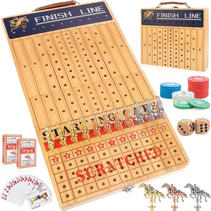 Bravmate Large 21 Inches Horse Race Board Game, Solid Wood Foldable Horse Racing Game with 11 Luxury Metal Horses, 2 Wooden Dice, 2 Boxes of Cards, 80 Chips for Parties