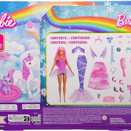 Barbie Advent Calendar with Doll & 24 Surprise Toy Accessories Including Unicorn & Pets, Transform Fashion Doll into Mermaid, Fairy & More