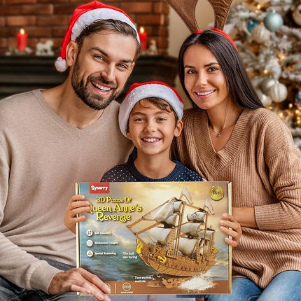 SYNARRY Wooden 3D Puzzles for Adults Teens, LED Pirate Ship Home Decor Gifts for Men Women Model Kits Brain Teaser Wooden Puzzles for Adults Teacher Gifts, Queen Anne's Revenge 378 Pcs