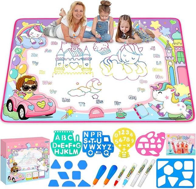 Water Doodle Mat- Kids Painting Writing Doodle Board Toy - Color Drawing Mat Bring Magic Pens Educational Toys for Age 2 3 4 5 6 7 8 9 Year Old Girls Boys Toddler Present