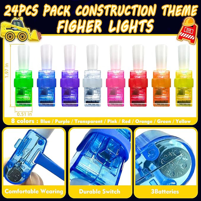 24PCS Construction Party Favors-LED Finger Lights：Glow-in-the-Dark Light-Up Toys Bulk for Kids Boys Girls,Construction themed Party Decorations Supplies, Party Goodie Bags, Classroom Prizes, Fun Gifts