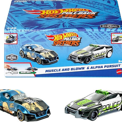 Hot Wheels Pull-Back Speeders Set of 2 Toy Cars in 1:43 Scale, Pull Cars Backward & Release, High-Performance, Collectible, with Rolomatic Engine or Door or Hood That Opens (Amazon Exclusive)