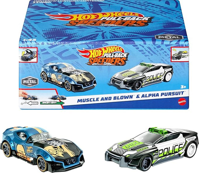 Hot Wheels Pull-Back Speeders Set of 2 Toy Cars in 1:43 Scale, Pull Cars Backward & Release, High-Performance, Collectible, with Rolomatic Engine or Door or Hood That Opens (Amazon Exclusive)