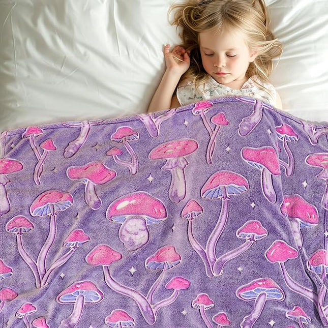Twin Size Mushroom Blanket Glow in The Dark - Soft Fuzzy Purple Fleece Throw Cottagecore Bedding for Women Teens, Couch Sofa Home Decor 60x80inches