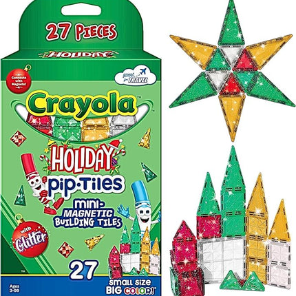 CreateOn Crayola Holiday Glitter Mini PIP Magnetic Tiles, Magnetic Kids’ Building Toys, STEM Learning Travel Toys for Boys and Girls, 27-Piece Set