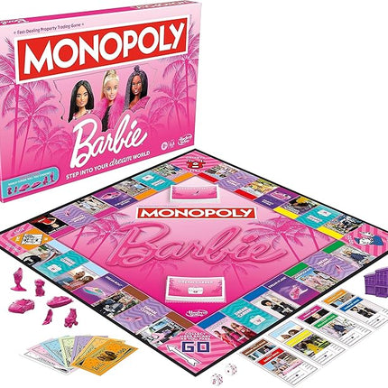 Monopoly: Barbie Edition Board Game, Ages 8+, 2-6 Players, Fun Family Games for Kids and Adults, with 6 Barbie-Themed Pink Zinc Tokens, Kids Gifts