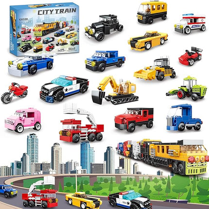16 Pack Building Blocks Party Favors for Kids, 2 in 1 710pcs Creative Building Kits Mini City Vehicles include Police Car & Train, Christmas Toy Gifts Goodie Bag Fillers Stuffers for Boys Girls Kids
