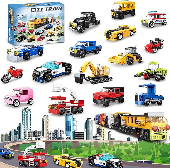 16 Pack Building Blocks Party Favors for Kids, 2 in 1 710pcs Creative Building Kits Mini City Vehicles include Police Car & Train, Christmas Toy Gifts Goodie Bag Fillers Stuffers for Boys Girls Kids