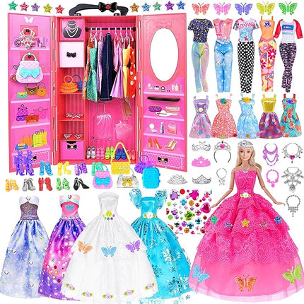 140 Pack 11.5 inch Doll and Closet Set - Fashion DIY Wardrobe Clothes and Accessories Including Doll, Wardrobe, Wedding Dress,Shoes, Necklace, Bags and More