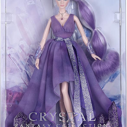 Barbie Crystal Fantasy Collection Amethyst Doll (13-in, Platinum Hair) with Genuine Amethyst Stone Necklace, Wearing Gown and Accessories, Gift for Collectors