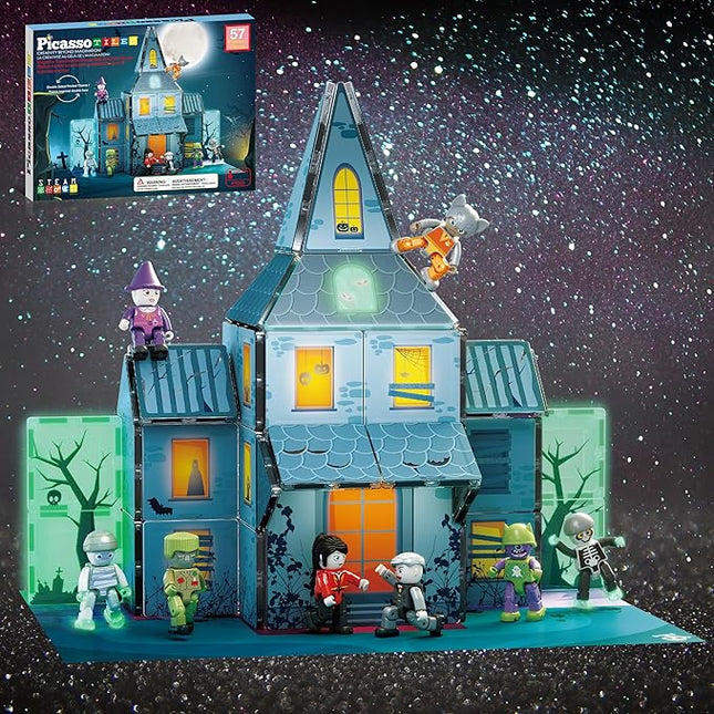 PicassoTiles Haunted House Theme Magnet Tile Building Blocks 8 Action Figures Magnetic Construction Toy Double Sided Printing Education STEM Learning Playset Halloween Adventure Kid Ages 3+ PTQ03