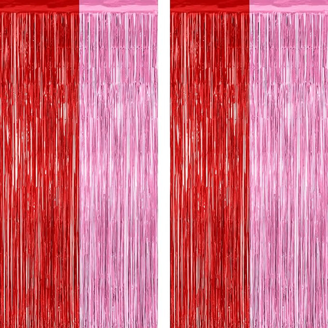 2 Pack Backdrop Curtains, 3.28 Feet x 7.05 Feet Red Pink Backdrop, Metallic Fringe Curtains Tinsel Backdrop Party Streamer, Babie Backdrop Valentines Day Happy Birthday Party Supplies Decorations