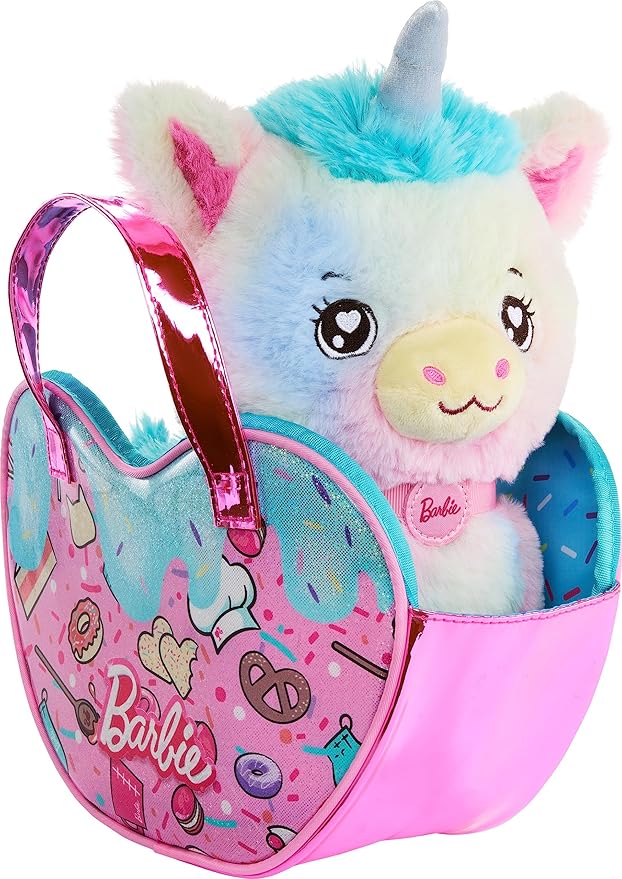 Barbie Stuffed Animals, Unicorn Toys, Plush Unicorn with Dessert-Themed Purse Playset and 5 Accessories, Chef Pet Adventure