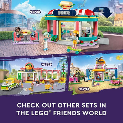 LEGO Friends Heartlake Downtown Diner Building Toy - Restaurant Pretend Playset with Food, Includes Mini-Dolls Liann, Aliya, and Charli, Birthday Gift Toy Set for Boys and Girls Ages 6+, 41728