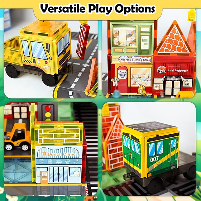 60pc Magnetic Tiles Road Set with 2 Cranes, Creative Construction Toys for Kids Ages 3-12, Boys & Girls, Dentist & Engineering Themed Building Blocks