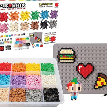 Pix Brix Pixel Art kit Puzzle Bricks - 3,000 Piece Pixel Art Container, 12 Color Medium Palette - Interlocking Building Bricks, Create 2D and 3D Builds Without Water or Glue - Stem Toys, Ages 6 Plus