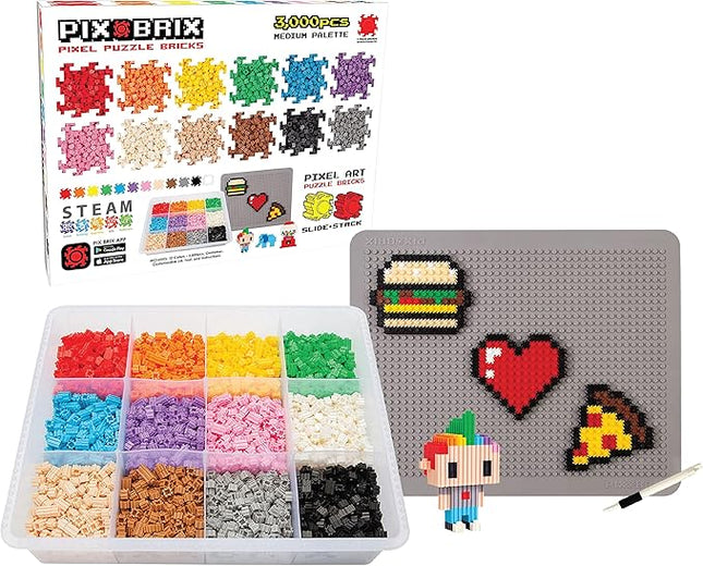 Pix Brix Pixel Art kit Puzzle Bricks - 3,000 Piece Pixel Art Container, 12 Color Medium Palette - Interlocking Building Bricks, Create 2D and 3D Builds Without Water or Glue - Stem Toys, Ages 6 Plus
