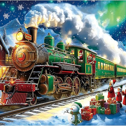 Blueforest Christmas 1000 Piece Jigsaw Puzzle for Adults - 27.5x19.7 Inches Holiday Train Scene with Aurora & Santa, Challenging Fun Adult Puzzles, Home Decor