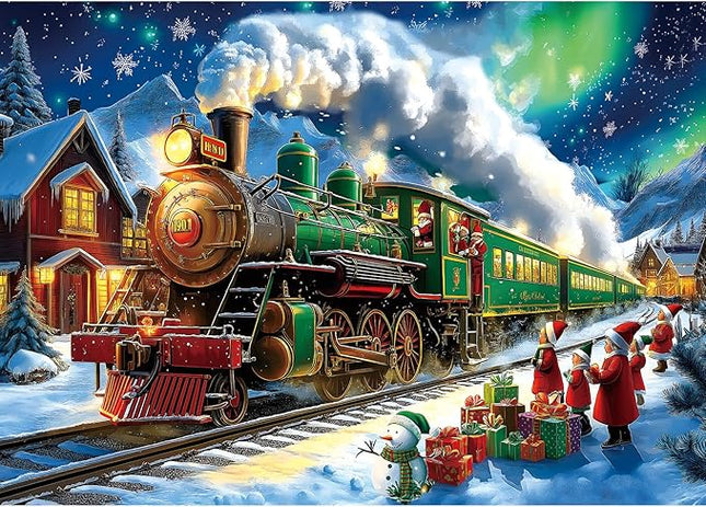 Blueforest Christmas 1000 Piece Jigsaw Puzzle for Adults - 27.5x19.7 Inches Holiday Train Scene with Aurora & Santa, Challenging Fun Adult Puzzles, Home Decor
