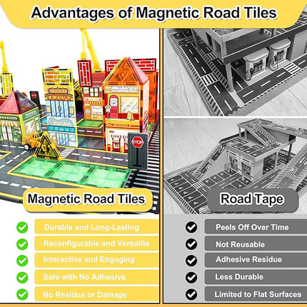 60pc Magnetic Tiles Road Set with 2 Cranes, Creative Construction Toys for Kids Ages 3-12, Boys & Girls, Dentist & Engineering Themed Building Blocks