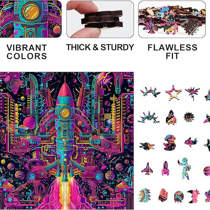 Wooden Jigsaw Puzzle for Adults - Challenging 300 Piece Puzzle with Cool Shapes - Spaceship Rocket Puzzle - Mind Bending Brain Teaser Collection (Galactic Gear)