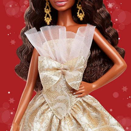 Barbie Signature 2025 Holiday Black Hair Fashion Doll Wearing Silver & Gold Gown, Seasonal Collector in Displayable Packaging & Stand