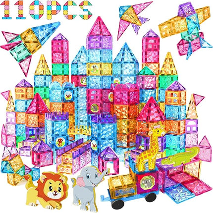 Jasonwell Magnetic Tiles Kids Magnetic Blocks 110PCS Building Sets 3D Magnet Tile Building Blocks Toy Construction Educational STEM Toys Gifts for Toddlers Boys Girls 3 4 5 6 7 8 9 10 + Year Old