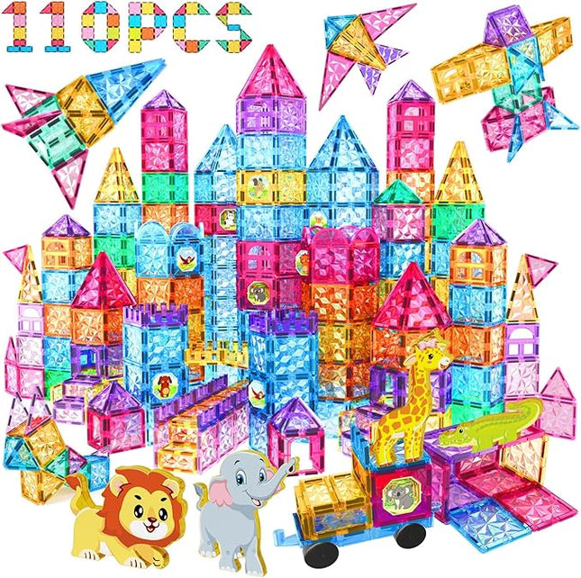 Jasonwell Magnetic Tiles Kids Magnetic Blocks 110PCS Building Sets 3D Magnet Tile Building Blocks Toy Construction Educational STEM Toys Gifts for Toddlers Boys Girls 3 4 5 6 7 8 9 10 + Year Old