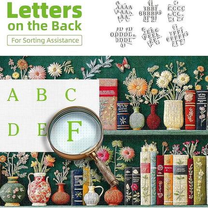 Blueforest 1000 Piece Jigsaw Puzzles for Adults, Unique 3D Embroidery-Style Floral & Vintage Bookshelf Art Puzzle, Challenging Fun Adult Puzzles for Relaxation 27.5x19.7 Inch