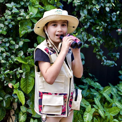Safari Kidz Outdoor Explorer Kit - Pink Camouflage Cargo Vest and Hat Set, Backyard Nature Adventures, Washable Costume, Age 3+
