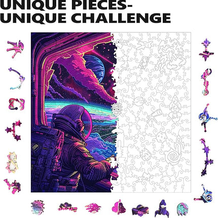 Wooden Jigsaw Puzzle for Adults - Challenging 300 Piece Puzzle with Cool Shapes - Space Astronaut Meteor Puzzle Art - Paranormal Collection (Cosmic Collision)