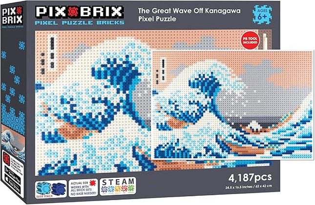 Pix Brix Pixel Art Puzzle Bricks - The Great Wave Off Kanagawa Pixel Puzzle, 4,187 Pieces - Patented Colorful Building Bricks to Recreate This Famous Print, Create Builds Without Water, Iron or Glue