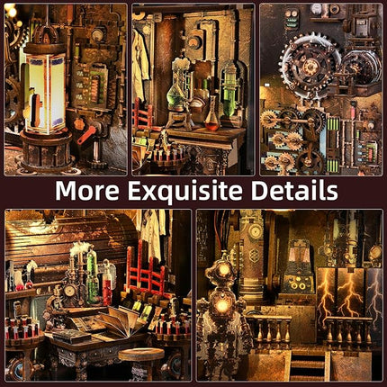 Book Nook Kit, Steampunk DIY Booknook Kits for Adults and Teens, 3D Wooden Puzzle Bookend Miniature Dollhouse Kit Creative Bookshelf Insert Decor with LED Light (Mad Scientist's Lab)