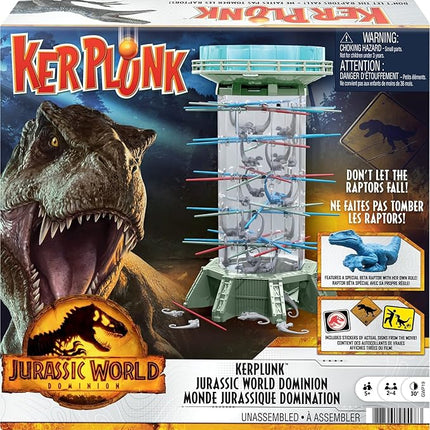 Mattel Games Jurassic World Dominion KerPlunk! Raptors Game with Tower, Sticks and Toy Velociraptor Dinosaurs, Toy and Collectible