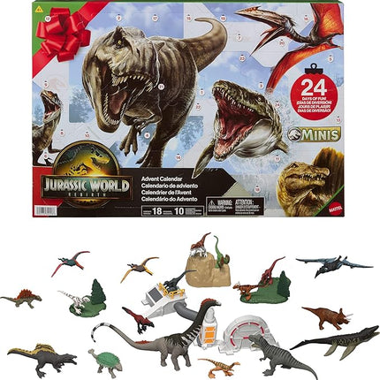 Mattel Jurassic World Rebirth Advent Calendar with 24 Days of Dinosaur-Related Toy Surprises, 18 Mini Dinos, 4 Environment Pieces