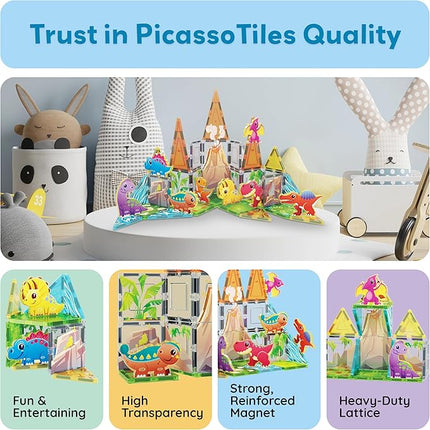 PicassoTiles 38pcs Magnet Tiles Building Blocks Dinosaur Theme Set with 8 Magnetized Action Figures Magnetic Construction Build and Play Toy with Magnets STEM Learning Activities for Toddlers 3+ PTQ13