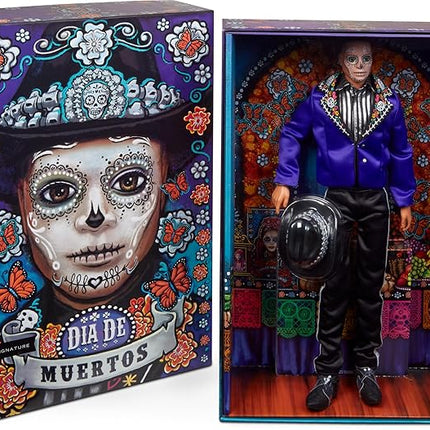 Barbie Signature Ken Fashion Doll, 2023 Dia de Muertos Collectible with Blue Jacket, Black Hat & Doll Stand