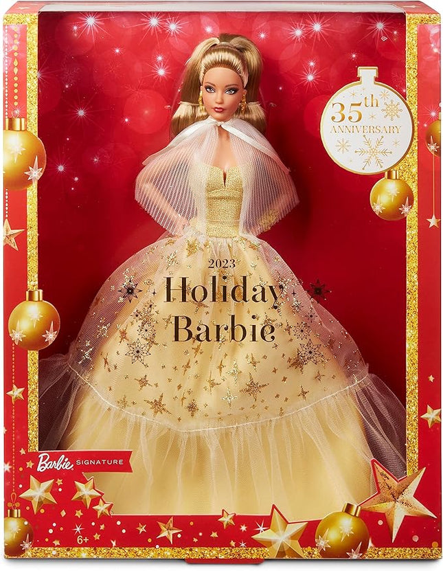 Barbie Signature 2023 Holiday Doll, Light Brown Hair Wearing Golden Gown, Collectible with Doll Stand & Certificate of Authenticity