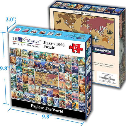 Think2Master Colorful Vintage World Travel Poster 1000 pieces Large Format Jigsaw Puzzle for kids 12+, teens, adults & families. Great gift for people wanting to explore the World. Size: 26.8” X 18.9”