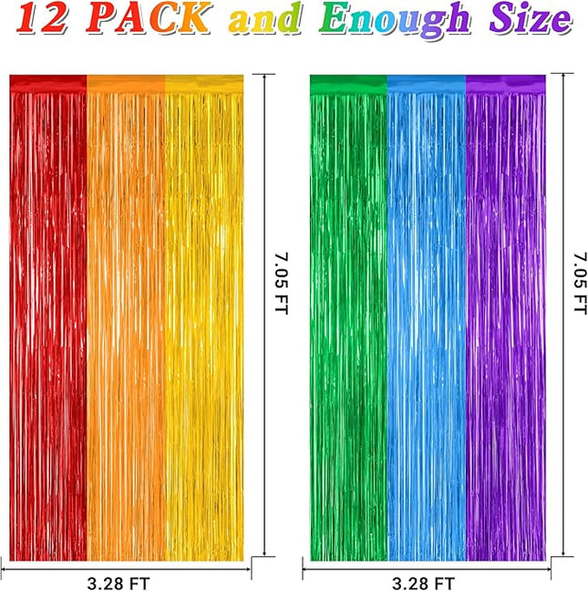 12 Pack Rainbow Backdrop, 3.28 FT x 7.05 FT Pride Decorations, Metallic Fringe Curtains Party Streamer Tinsel Backdrop, Rainbow Foil Curtains Birthday Party Decor Photo Booth Props