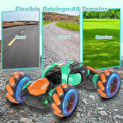 RC Gesture Sensing Stunt Car, 360° Rotating 4WD Remote Control Transform Remote & Hand Car, Remote & Hand, Double-Sided Driving with Lights & Music,Birthday Drift Toy Gift for Kids Age 7 8 10 12 Year