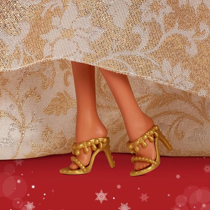 Barbie Signature 2025 Holiday Dark Brown Hair Fashion Doll Wearing Silver & Gold Gown, Seasonal Collector in Displayable Packaging & Stand