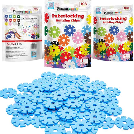 PicassoTiles Building Chip Interlocking Disc Construction Blocks in Light Blue Color STEM Learning Early Education Toy Engineering Playset Child Brain Development for Toddlers Child Kids Age 3+ PTF108