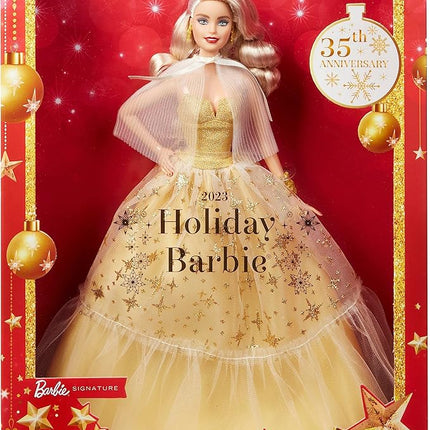 Barbie Signature 2023 Holiday Doll, Blonde Hair Wearing Golden Gown, Collectible with Doll Stand & Certificate of Authenticity