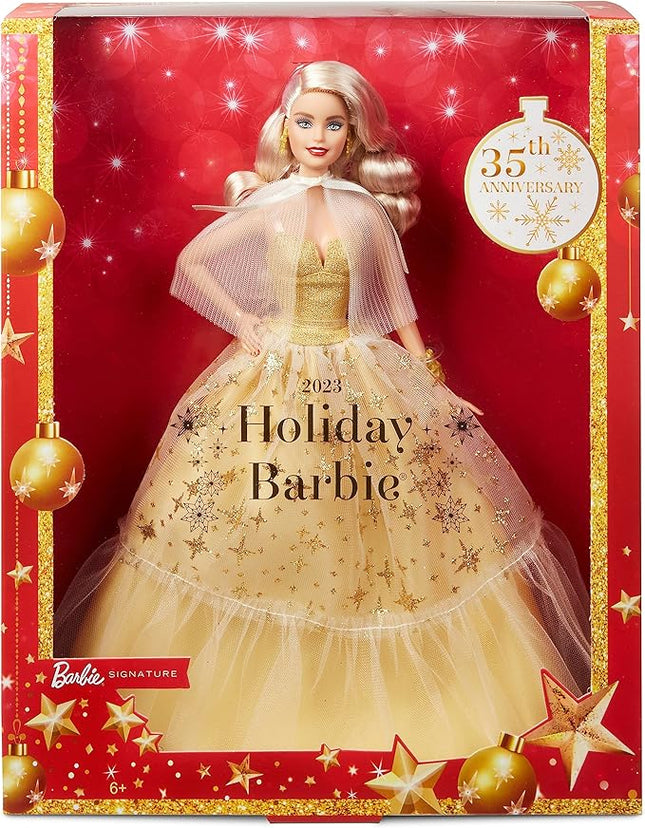 Barbie Signature 2023 Holiday Doll, Blonde Hair Wearing Golden Gown, Collectible with Doll Stand & Certificate of Authenticity